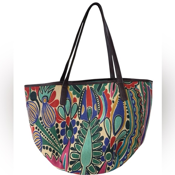 Womens Neiman Marcus Multicolor Print Design Raffia Faux LeatherTote Bag - Picture 1 of 5